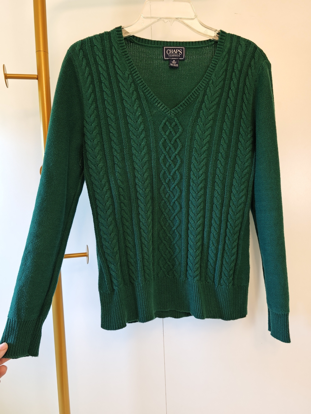 Cable Knit Chaps V-Neck Sweater Women Medium Green Fall Classics Sweater